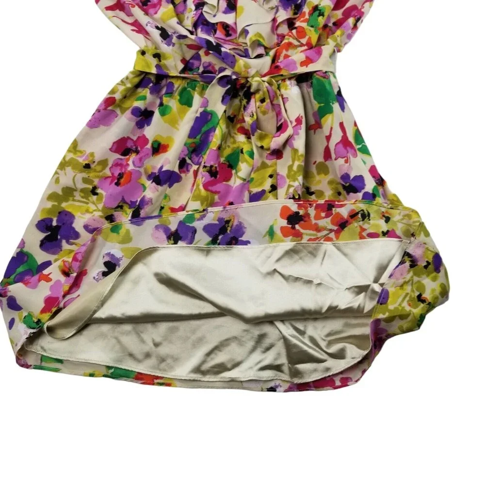 Express Dress Floral Knee Length Belted Sundress Womens Sz M  Ruffle Bib Pockets - Picture 11 of 16